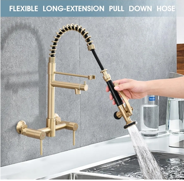 Wall Mount Kitchen Faucet with Pull Down Sprayer, 8 Inch Center Kitchen Sink Faucet, Heavy-Duty Commercial Wall Mount Faucets, 2 Handle Faucet for Kitchen Sink, Brushed Golden - Image 9