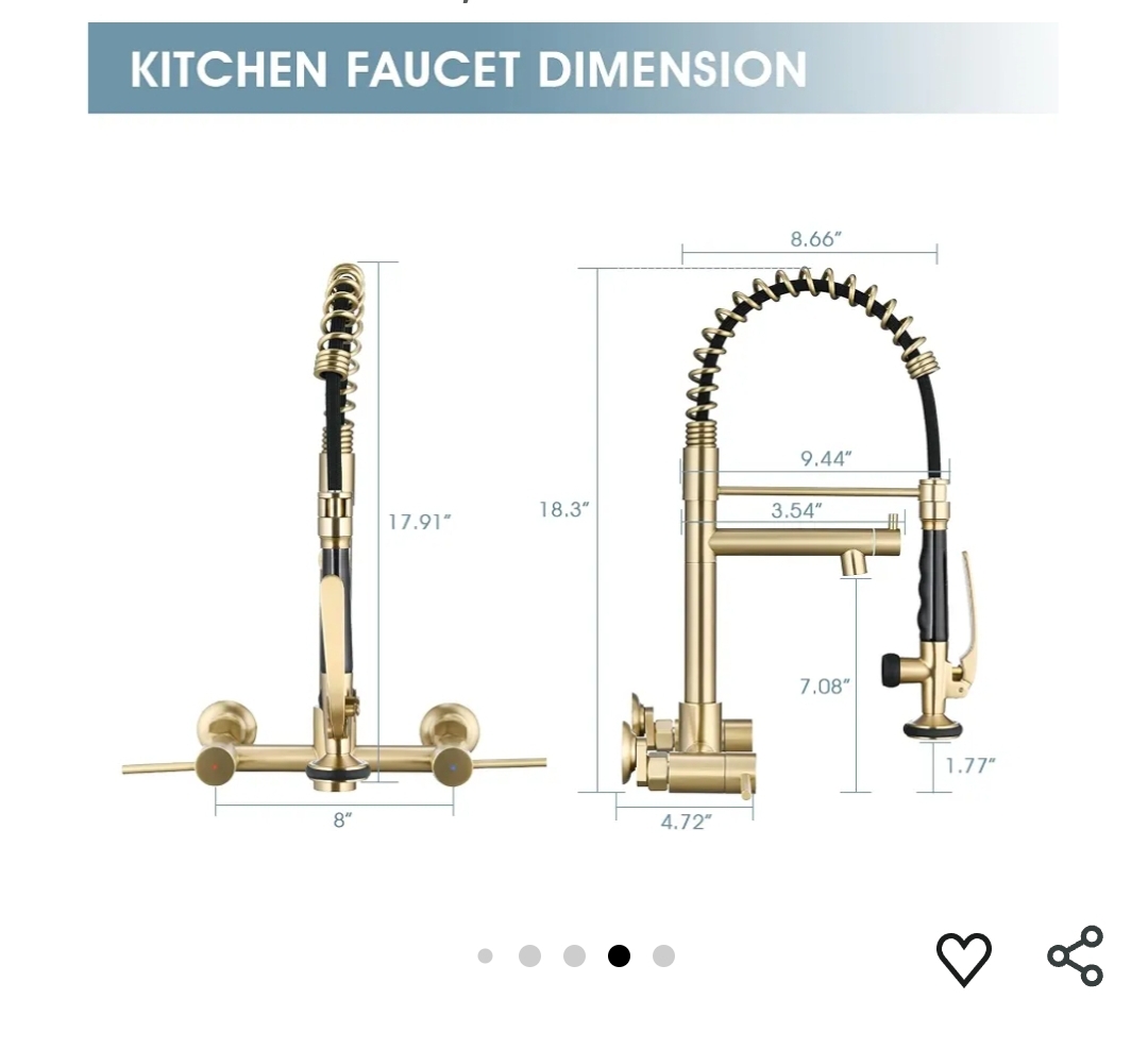 Wall Mount Kitchen Faucet with Pull Down Sprayer, 8 Inch Center Kitchen Sink Faucet, Heavy-Duty Commercial Wall Mount Faucets, 2 Handle Faucet for Kitchen Sink, Brushed Golden - Image 6