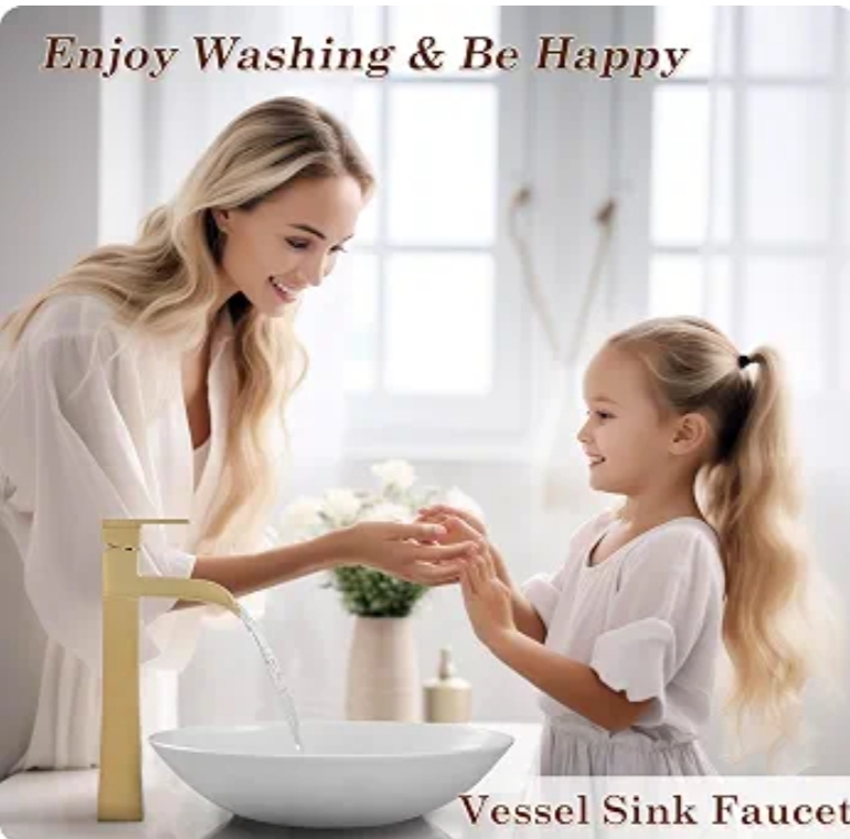 Brass Vessel Sink Faucets, Brushed Gold Tall Bathroom Faucet Single Handle, 1 Hole w Pop-Up Drain & Pre-Installed Hoses - Image 5