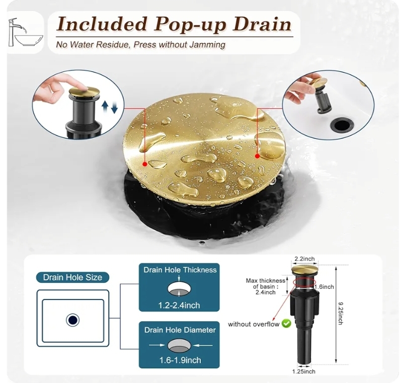 Brass Vessel Sink Faucets, Brushed Gold Tall Bathroom Faucet Single Handle, 1 Hole w Pop-Up Drain & Pre-Installed Hoses - Image 11