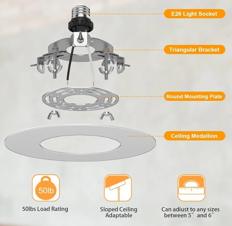2pk- 5 and 6 inch Recessed Can Light Conversion Kit, Ceiling Light Fixture Upgrade, Pendant & Hanging, 7¾ Inch Flat Steel Ceiling Medallion, White Finish - Image 5