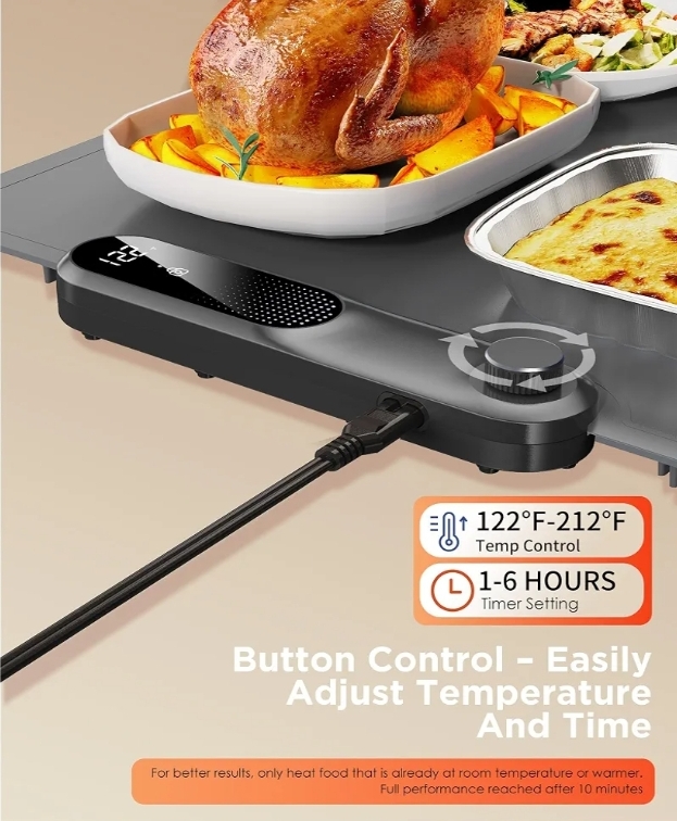 Food Warming Mat, (XXL 35”x16”) Electric Warming Trays for Buffets Party, Fast Full-Surface Heating Mat for Food with 19 Level Adjustable Temperature and 6 Hours Timer, Roll Up Food Warmer - Image 5