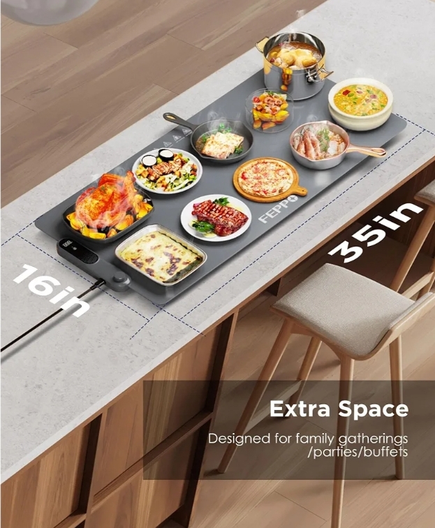 Food Warming Mat, (XXL 35”x16”) Electric Warming Trays for Buffets Party, Fast Full-Surface Heating Mat for Food with 19 Level Adjustable Temperature and 6 Hours Timer, Roll Up Food Warmer - Image 7