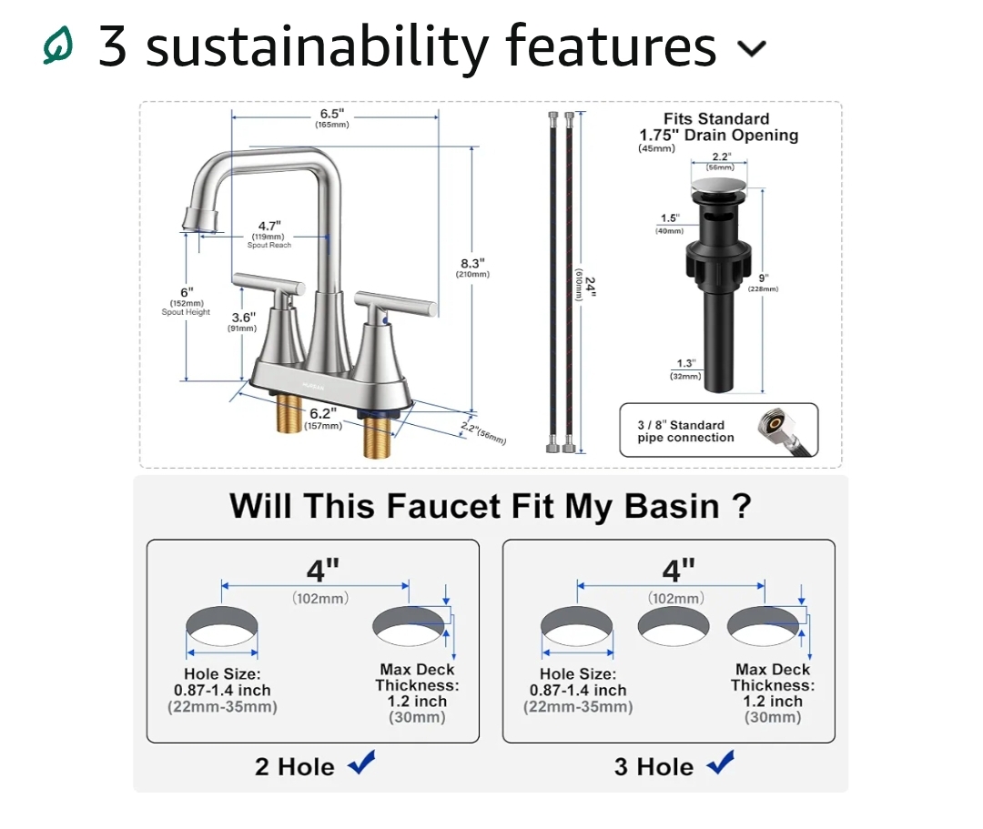 Brushed Nickel 4 inch Centerset Bathroom Faucet for Sink 2-3 Hole Bathroom Sink Faucet with Pop-up Drain and Supply Lines, Stainless Steel 2-Handle Centerset Fauce - Image 5