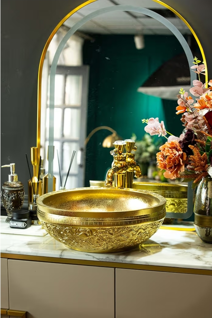 Gold Vessel Sink Round Bowl for Bathroom Countertop Ceramic Wash Basin with Hand Carved Dragon Pattern, L16.4"W16.4 - Image 7