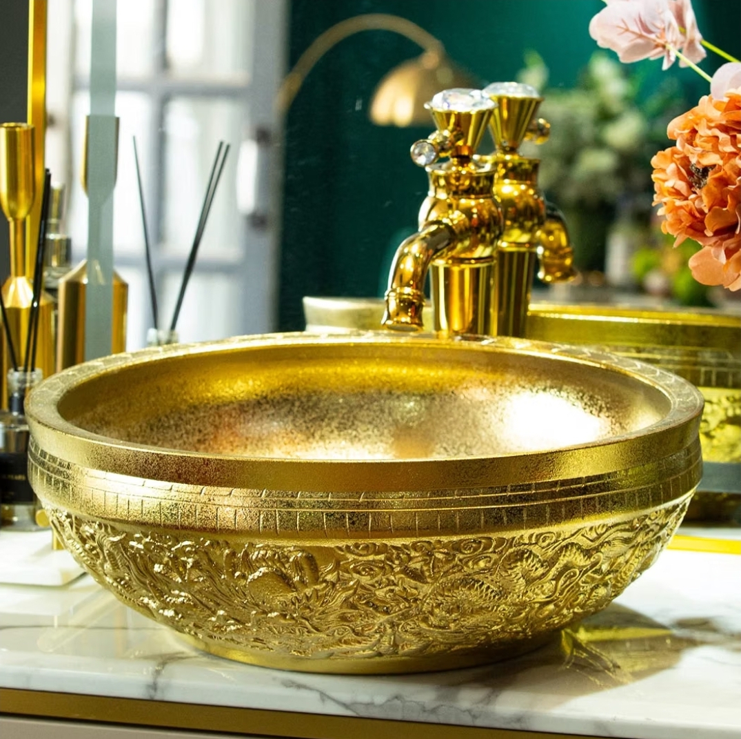 Gold Vessel Sink Round Bowl for Bathroom Countertop Ceramic Wash Basin with Hand Carved Dragon Pattern, L16.4"W16.4 - Image 8