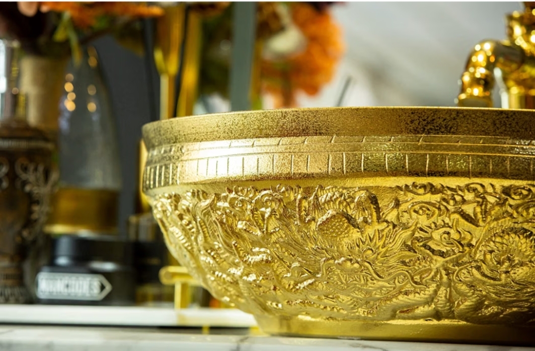 Gold Vessel Sink Round Bowl for Bathroom Countertop Ceramic Wash Basin with Hand Carved Dragon Pattern, L16.4"W16.4 - Image 9
