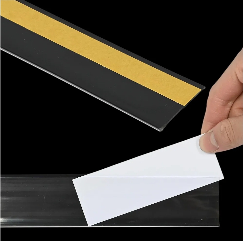 50 Pcs Shelf Label Strips 1.5''H x 48''L Self Adhesive Label Holder with 50 Pcs White Labels, Gondola Price Tag Holder Clear PVC Adhesive Ticket for Metal Wood Plastic Rack (Black)
