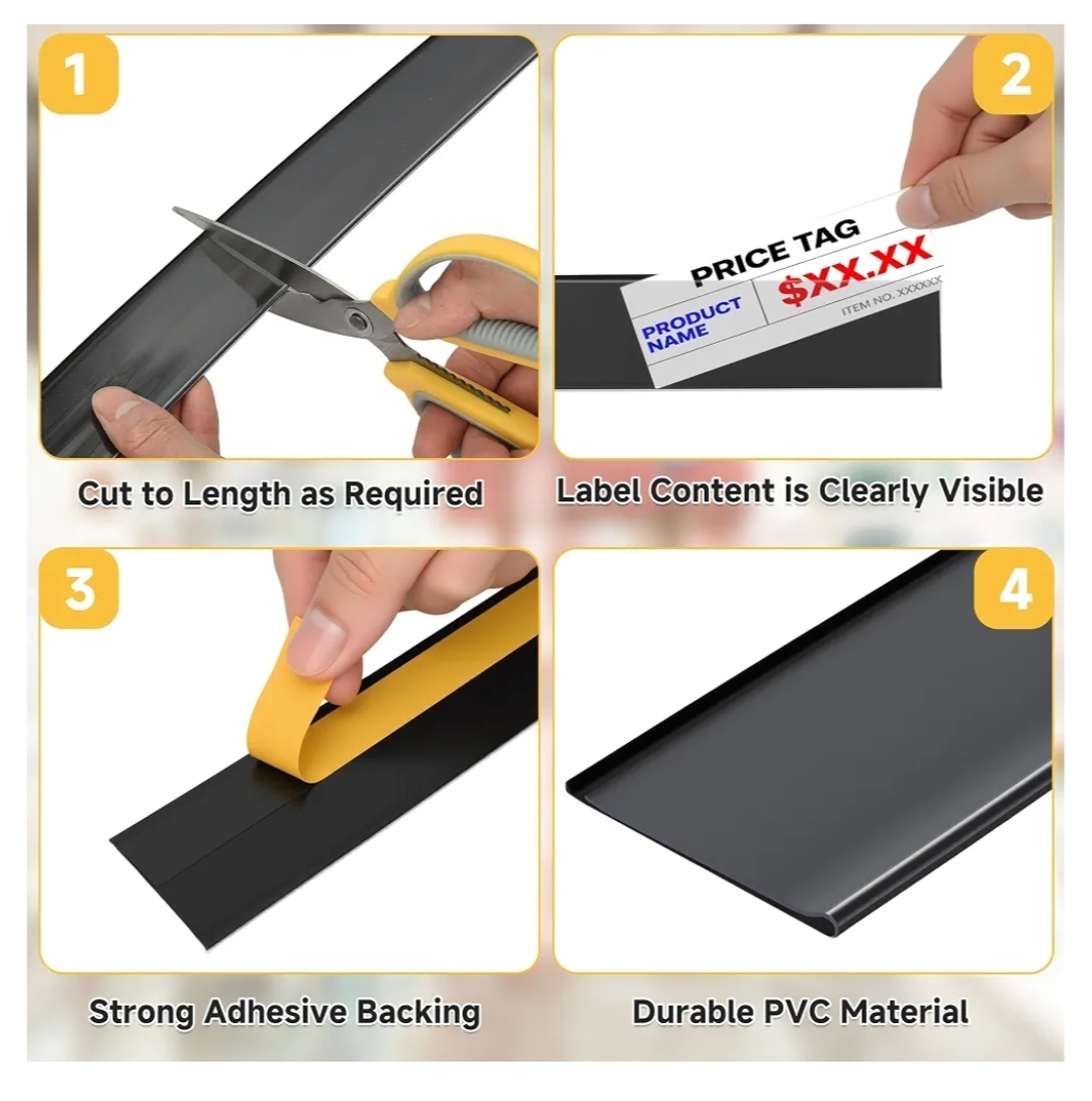 50 Pcs Shelf Label Strips 1.5''H x 48''L Self Adhesive Label Holder with 50 Pcs White Labels, Gondola Price Tag Holder Clear PVC Adhesive Ticket for Metal Wood Plastic Rack (Black) - Image 8