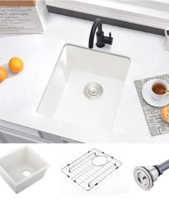White Bar Sink Undermount-VASOYO 15x17 Small Kitchen Sink Undermount Wet Bar Sinks White Quartz Composite Deep Single Bowl Outdoor Rv Sinks with Bottom Grid