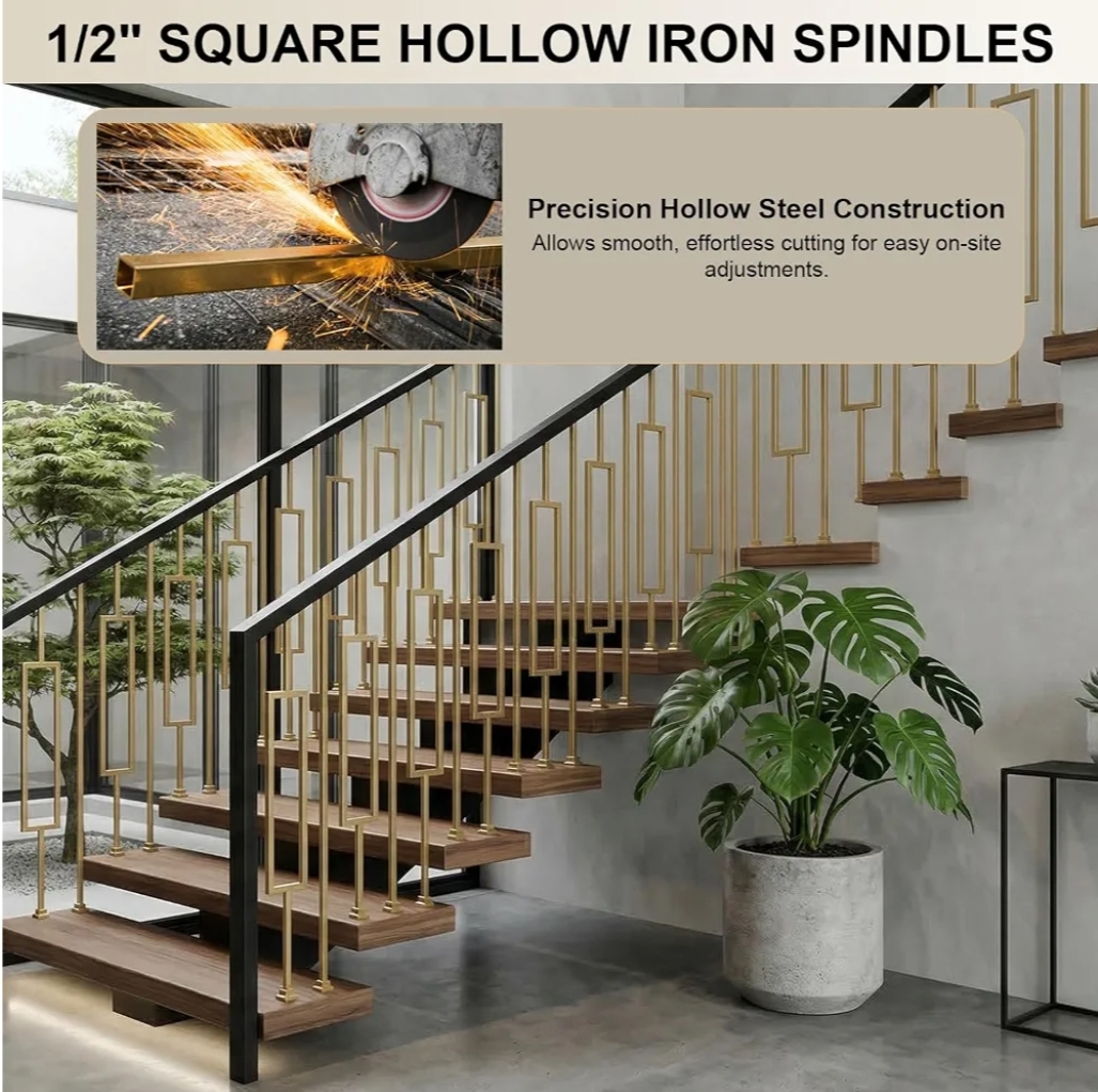 10pk 44" Brass Gold Wrought Iron Plain Balusters for Staircase Interior, 1/2" Square Hollow Iron Spindles, Decorative Stair Railing - Image 6