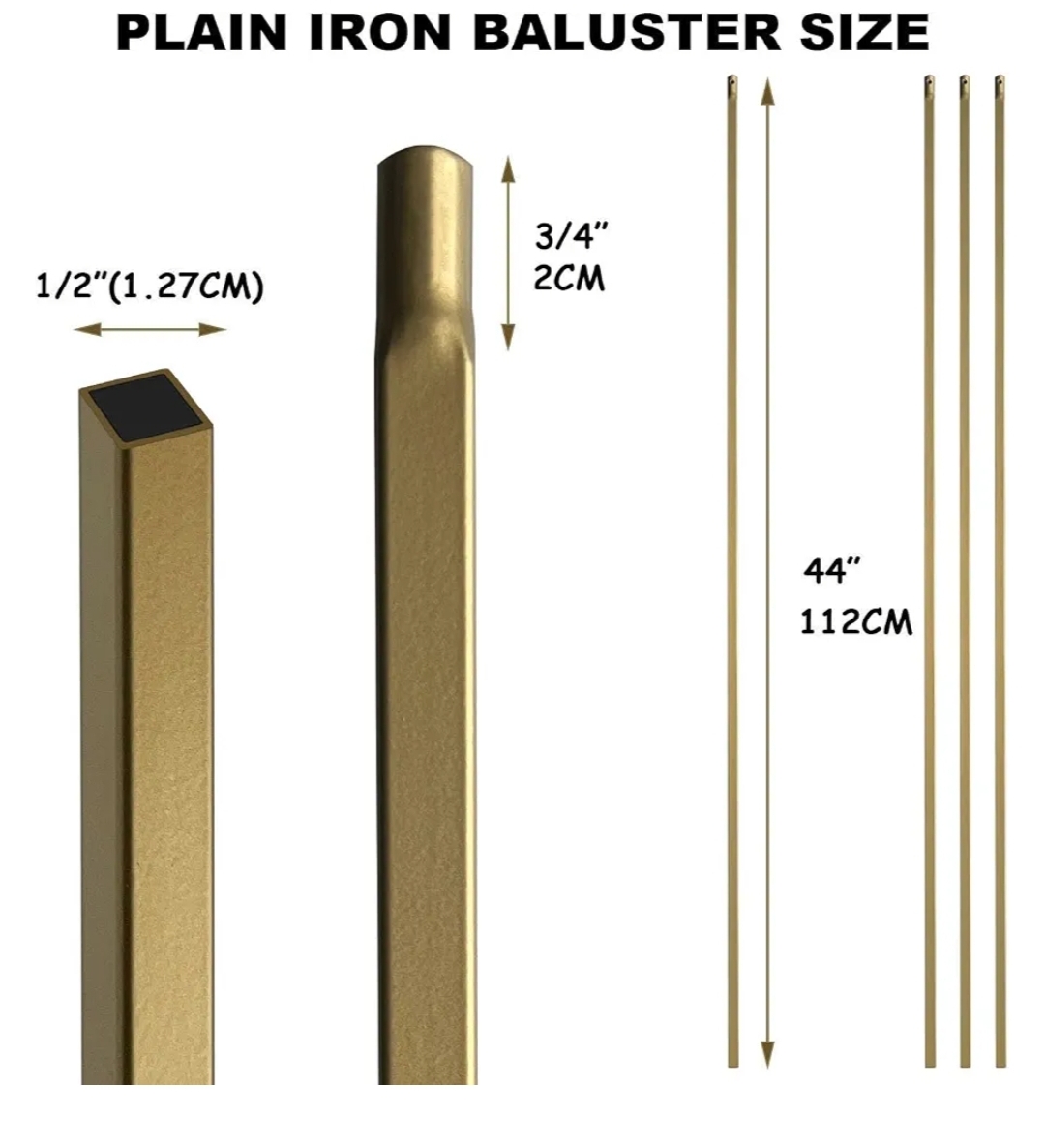 10pk 44" Brass Gold Wrought Iron Plain Balusters for Staircase Interior, 1/2" Square Hollow Iron Spindles, Decorative Stair Railing - Image 9