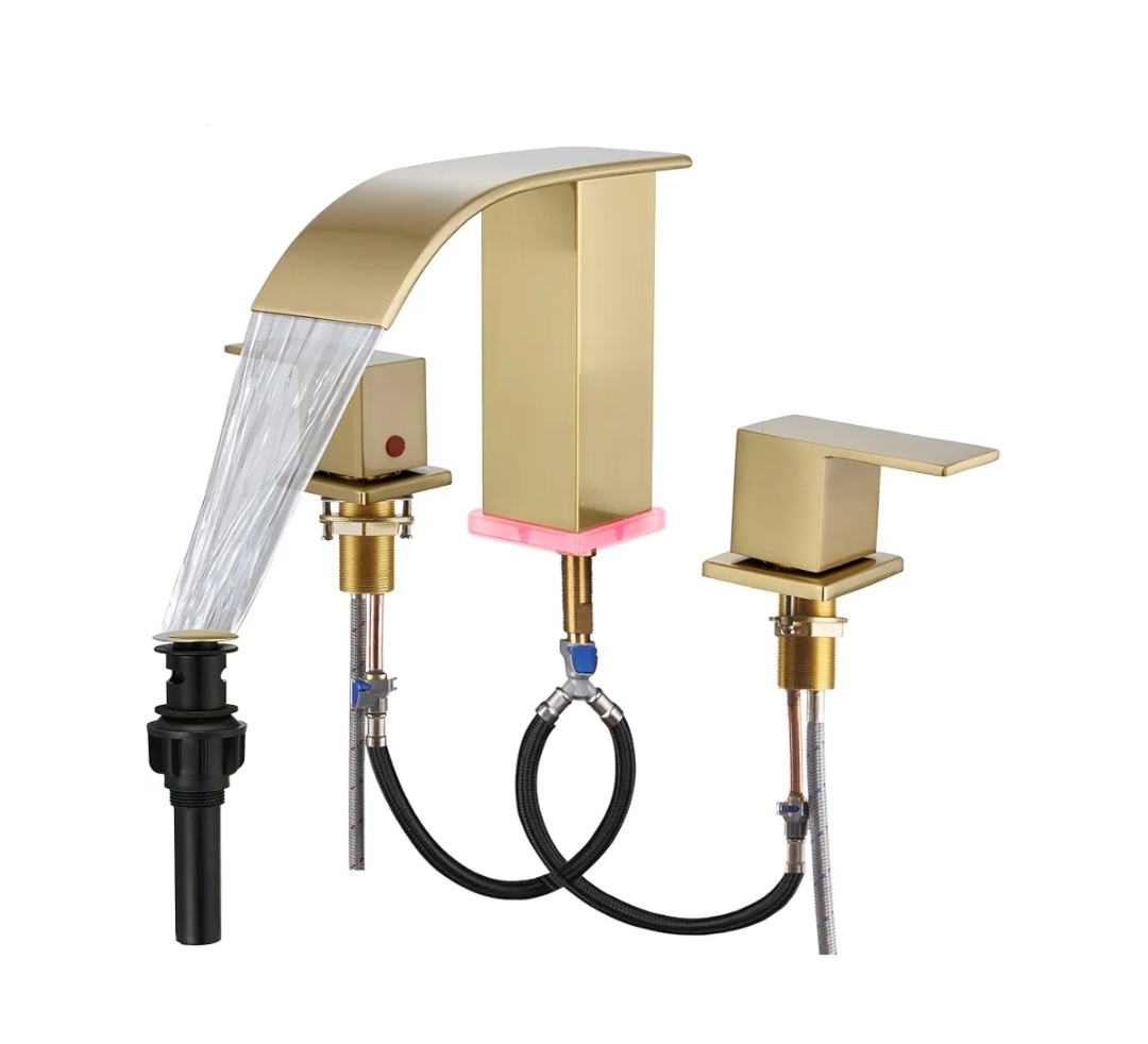 3 Hole Widespread Modern Gold Sink Faucet 8 inch 3 Hole Vanity w Pop Up Drain (Brushed Gold)
