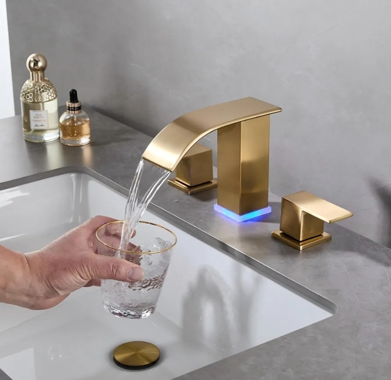 3 Hole Widespread Modern Gold Sink Faucet 8 inch 3 Hole Vanity w Pop Up Drain (Brushed Gold) - Image 6