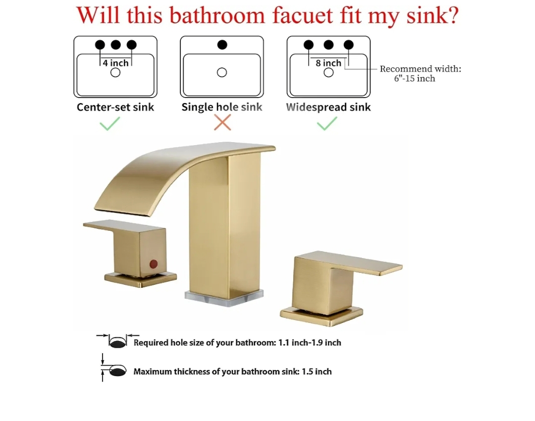 3 Hole Widespread Modern Gold Sink Faucet 8 inch 3 Hole Vanity w Pop Up Drain (Brushed Gold) - Image 7