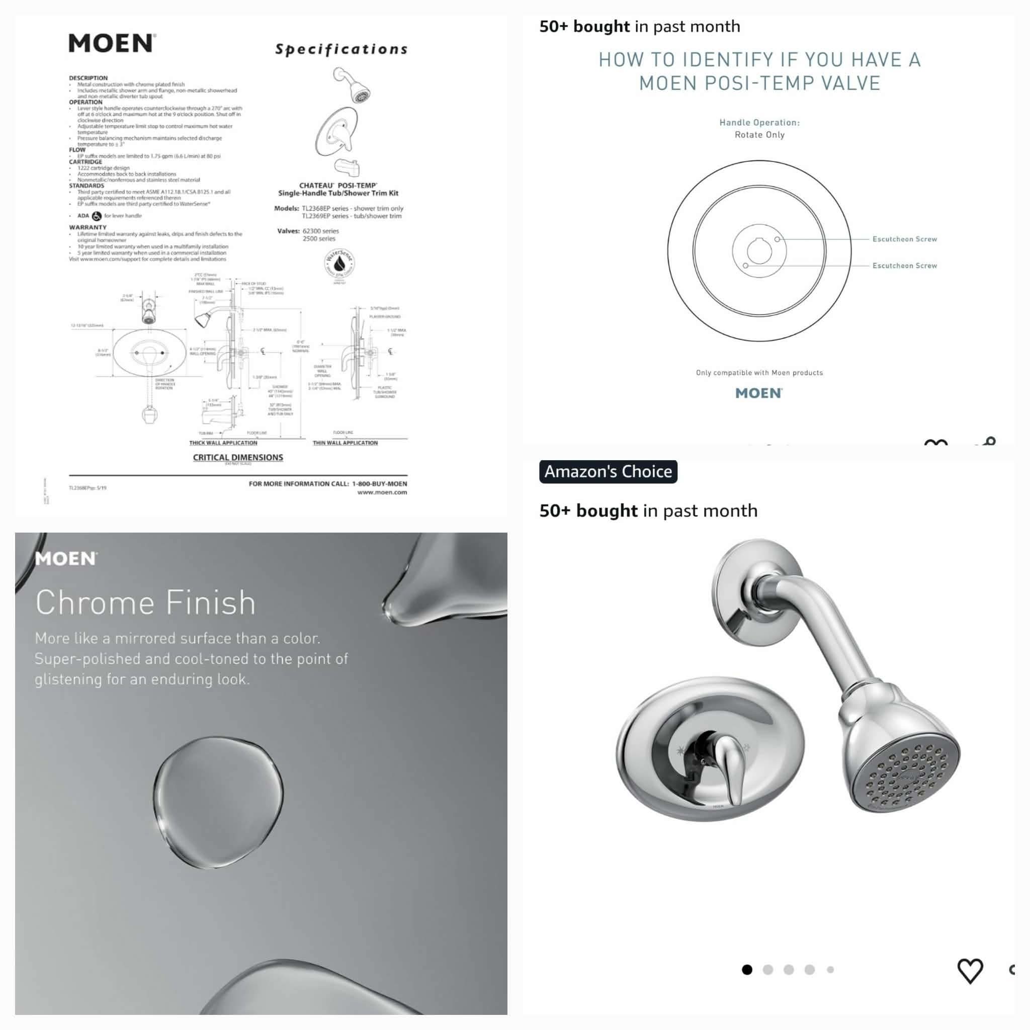 Moen TL2369EP Chateau Single-Handle Posi-Temp Eco-Performance Tub and Shower Trim Kit, Valve Required, Chrome, Showerhead, Lever Handle - Image 4