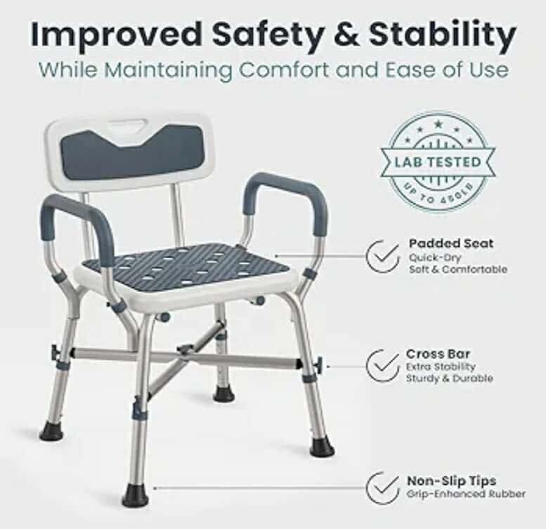 Shower Chair for Elderly and Disabled (450lb) with Padded Armrests and Back, Adjustable Height Shower Seat - Image 4