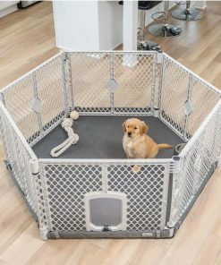 Petyard Protect Bundle: Freestanding 6-Panel Light Gray Pet Yard with Lockable Pet Door and Graphite SecureMat