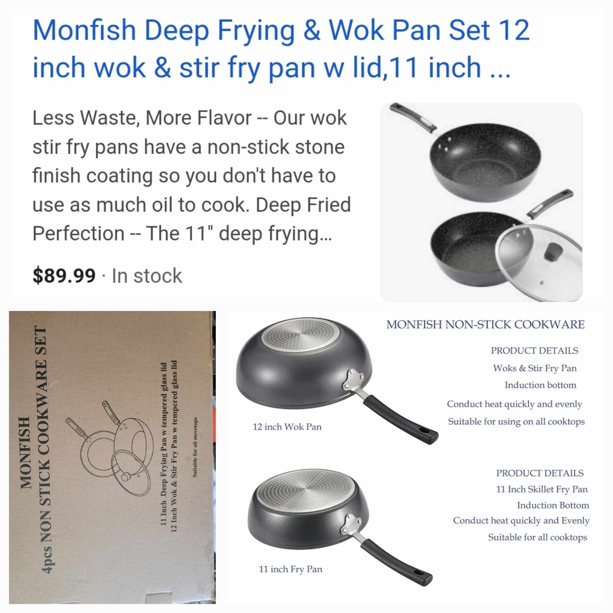 Deep Frying & Wok Pan Set 12 inch wok & stir fry pan w lid, 11 inch skillet frying pan w lid Non Stick Granite Stone Finish - Image 2