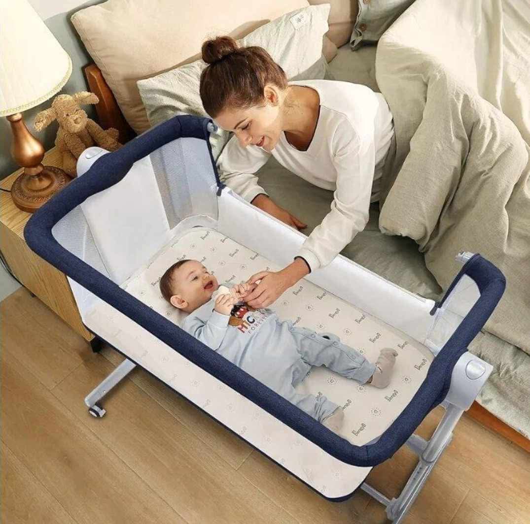 Baby Bassinet Bedside Sleeper - Adjustable Crib All Mesh Co-Sleeper for Newborn Girl and Boy Infant Bed (UpBlue