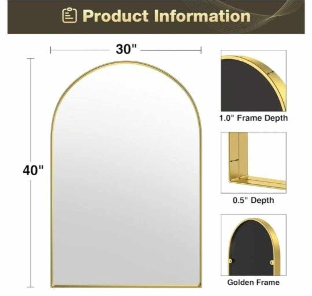 Arched Mirror, 30 x 40 Inch Gold Arch Mirror, Metal Frame Wall Mirror, Top Bathroom Vanity Mirror - Image 8