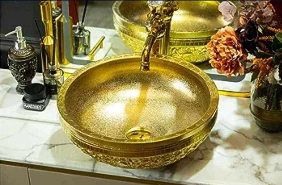 Gold Vessel Sink Round Bowl for Bathroom Countertop Ceramic Wash Basin with Hand Carved Dragon Pattern, L16.4"W16.4 - Image 15