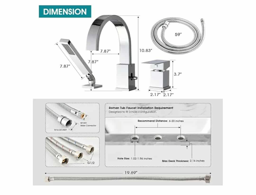 Brass Roman Tub Faucet with Handheld Sprayer, Deck Mount Bathtub Faucet with Hand Shower, 3 Hole Waterfall Faucet with 360 Spout, Single Handle Tub Filler with 8 GPM High Flow, Chrome - Image 9