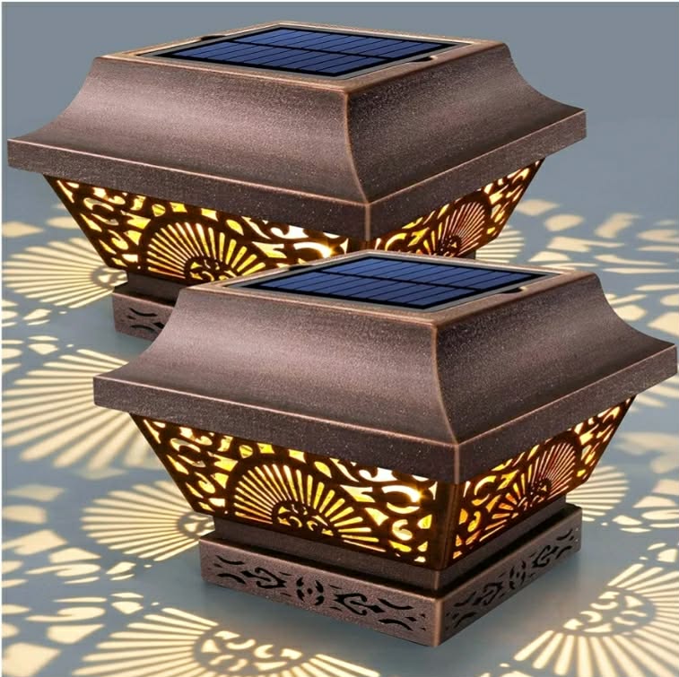 Solar Post Lights 2 Pack Post Cap Solar Lights Outdoor Waterproof Metal 25 Lumen Warm White LED Lighting