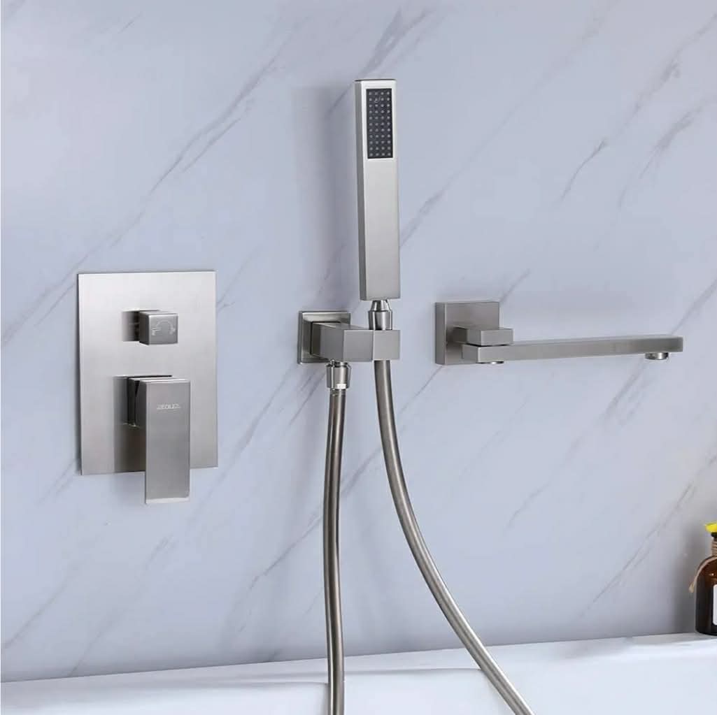 Wall Mounted Bathtub Faucet with Handheld Shower, Solid Brass 180° Swivel Bathroom Tub Filler Faucet with Hand Shower Modern Single Handle Tub Faucet Set, Brushed Nickel - Image 7