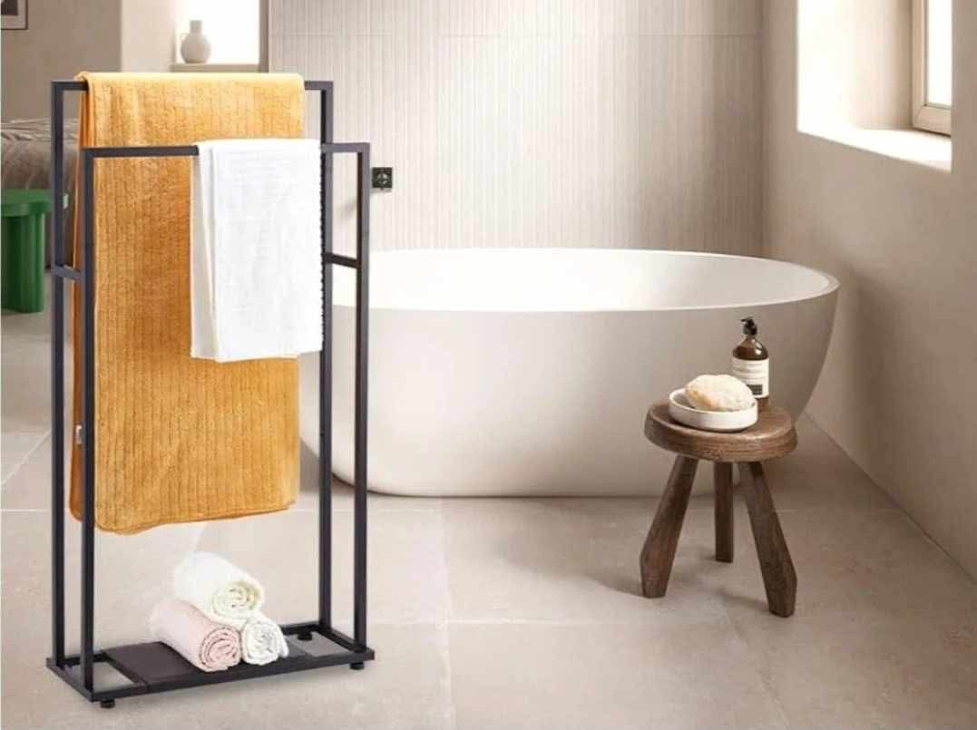 39'' Tall 2 Tier Bathroom Towel Rack Stand with Storage Shelves, Modern Standing Pool Towel Drying Rack for Outdoor, Black Blanket Holder - Image 6