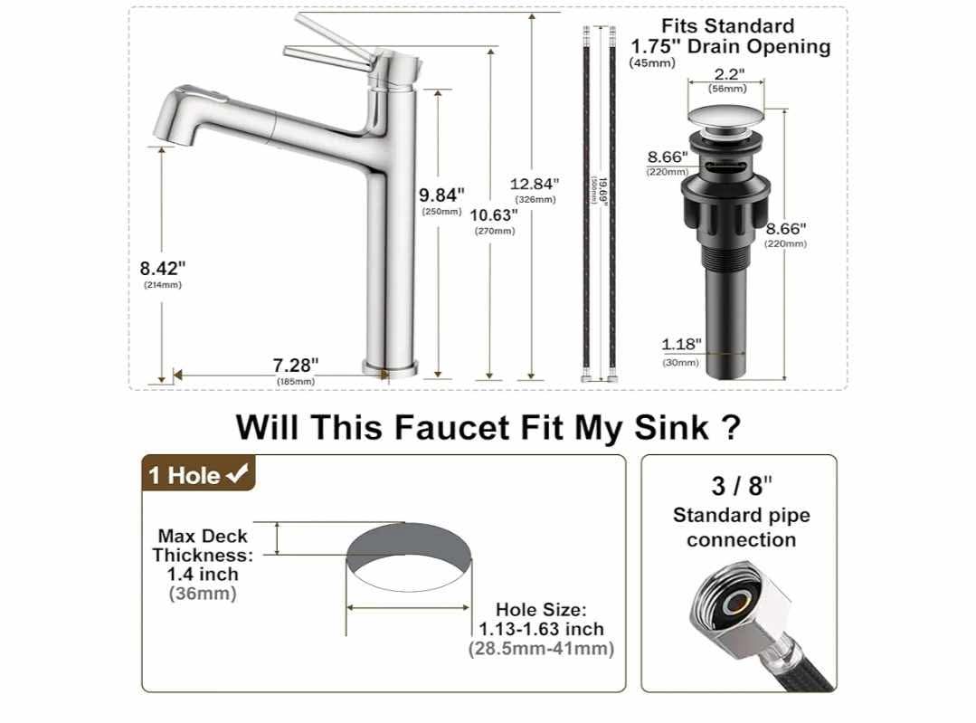 Vessel Sink Faucet with Pull Out Sprayer, Tall Bathroom Faucets with Pop Up Drain, Stainless Steel Single Handle Faucets with 2 Spout Patterns, Chrome - Image 5