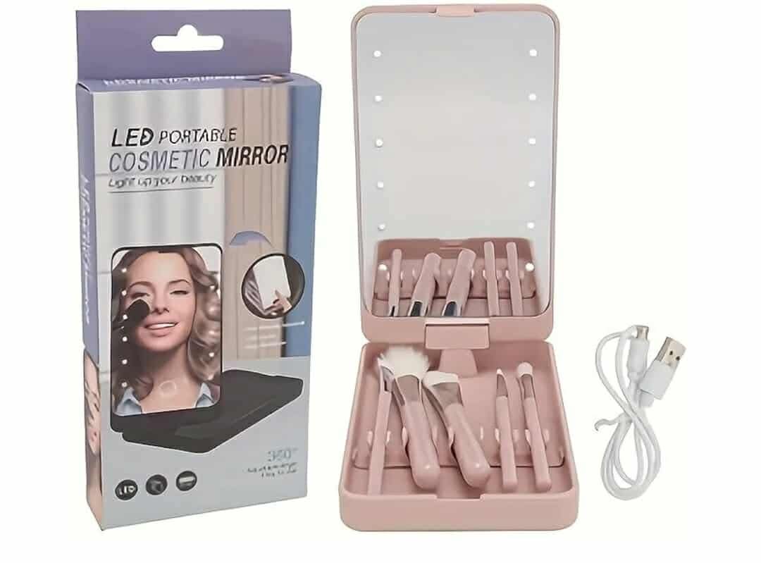 Portable Makeup Mirror With 5 Makeup Brushes Travel Case Storage Box LED Rechargeable Makeup Mirror (White) - Image 10