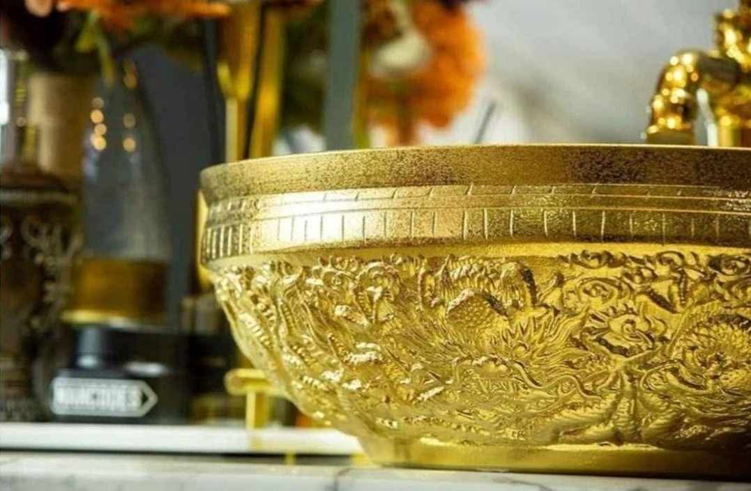 Gold Vessel Sink Round Bowl for Bathroom Countertop Ceramic Wash Basin with Hand Carved Dragon Pattern, L16.4"W16.4 - Image 12