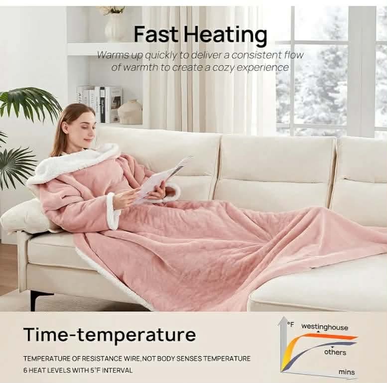 Electric Snuggle Throw Blankets with Foot Pocket, Wearable Heated Blanket with Sleeves, 6 Heating Levels & 2 to 10 Hours Heating Time Settings, 50 * 70"+18", Pink - Image 6