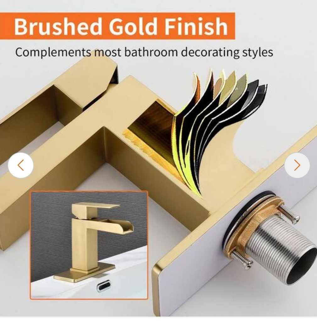 Single Handle Faucet with Deck Plate, Waterfall Single Hole Bathroom Faucet in Brushed Gold - Image 9