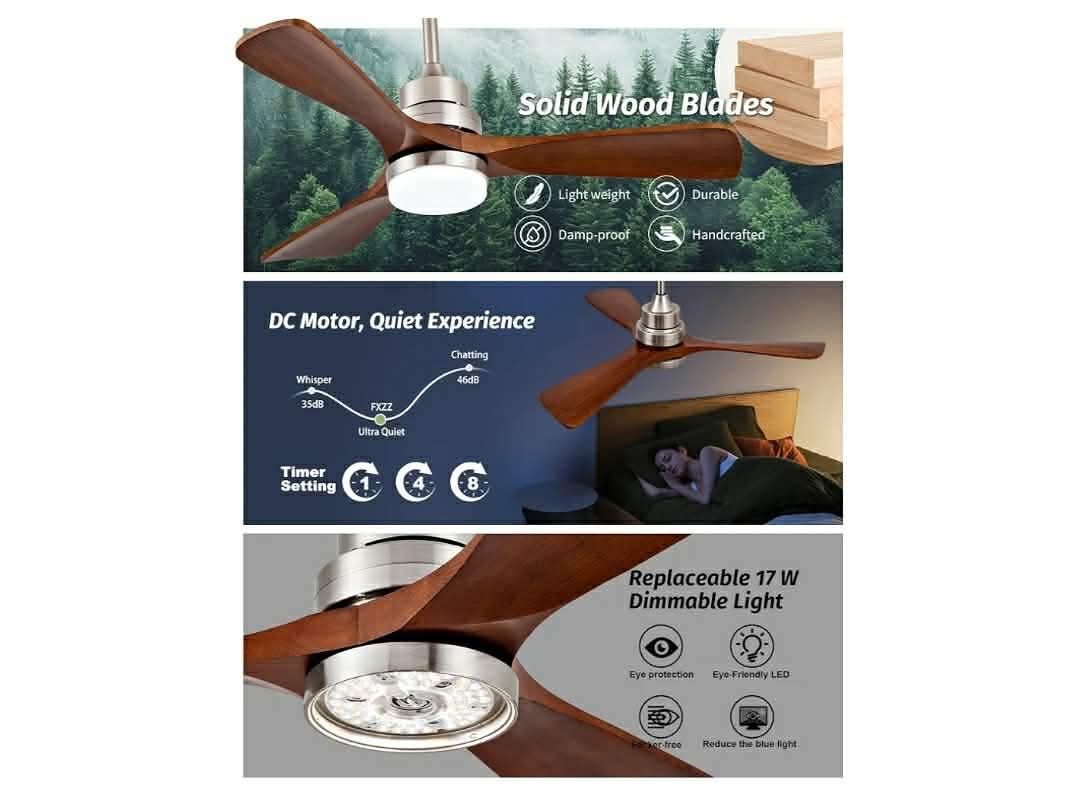42 Inch Ceiling Fan with Lights, Remote Control, Dimmable, Solid Wood Blades, Power-Off Memory, Quiet DC Motor, Modern Brushed Nickel Ceiling Fan - Image 9