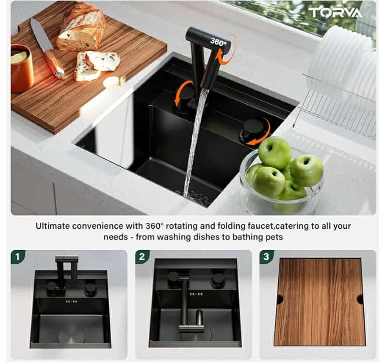 RV Kitchen Sink, 13 x 15 x 9 Inch Undermount Bar Sink Premium Stainless Steel Single Bowl Sink with Faucet, Cutting Board, Dark Grey - Image 10