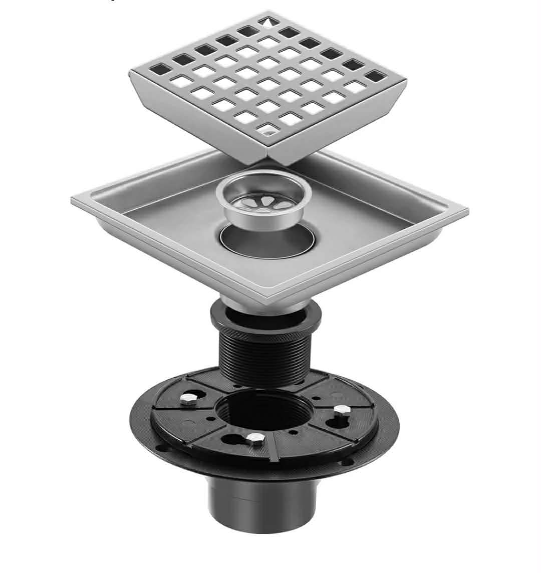 Shower Drain, Chrome 4 inch Square Shower Floor Drain with Flange, Silver Removeable Grid Panel SUS 304 Stainless Steel - Image 7