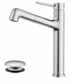 Vessel Sink Faucet with Pull Out Sprayer, Tall Bathroom Faucets with Pop Up Drain, Stainless Steel Single Handle Faucets with 2 Spout Patterns, Chrome