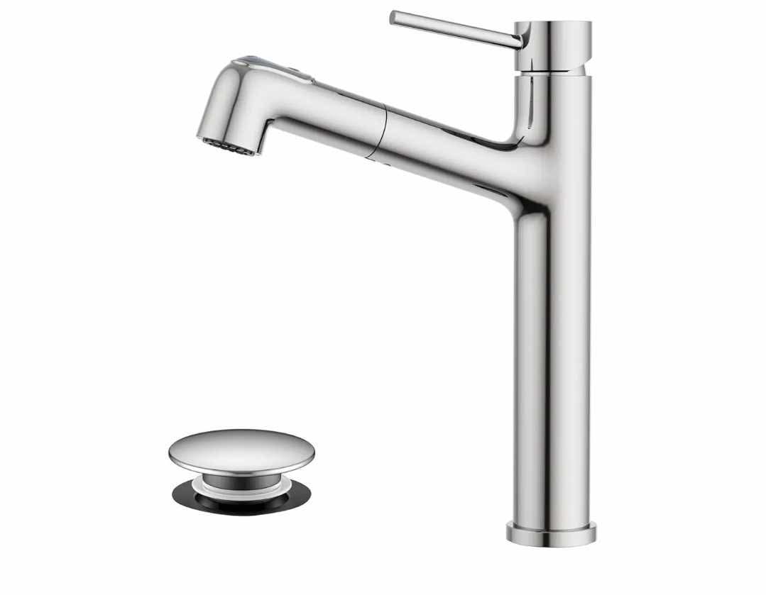 Vessel Sink Faucet with Pull Out Sprayer, Tall Bathroom Faucets with Pop Up Drain, Stainless Steel Single Handle Faucets with 2 Spout Patterns, Chrome