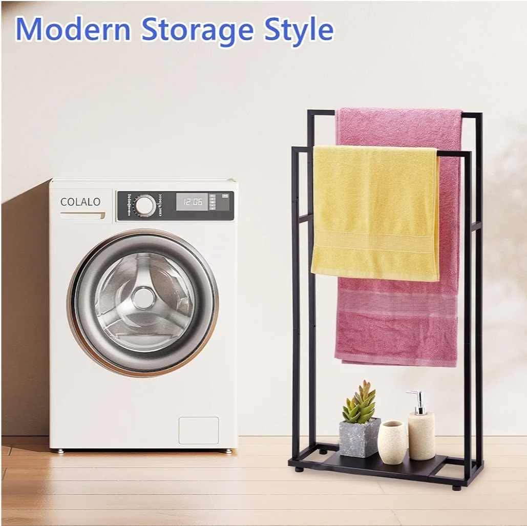 39'' Tall 2 Tier Bathroom Towel Rack Stand with Storage Shelves, Modern Standing Pool Towel Drying Rack for Outdoor, Black Blanket Holder - Image 12
