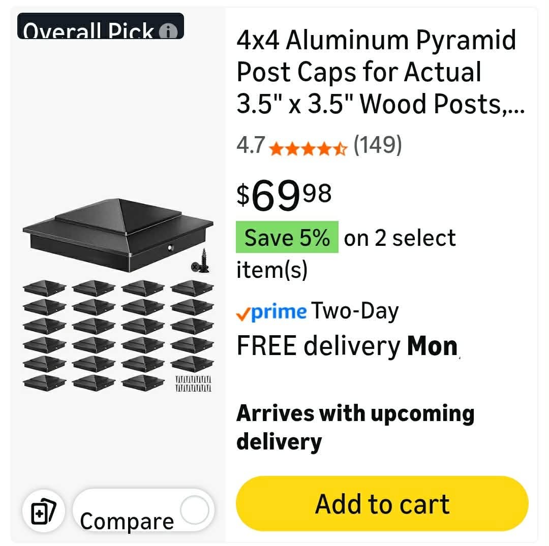 24pk 4x4 Aluminum Pyramid Post Caps for Actual 3.5" x 3.5" Wood Posts, Heavy-Duty Fence Post Caps Cover - Image 2
