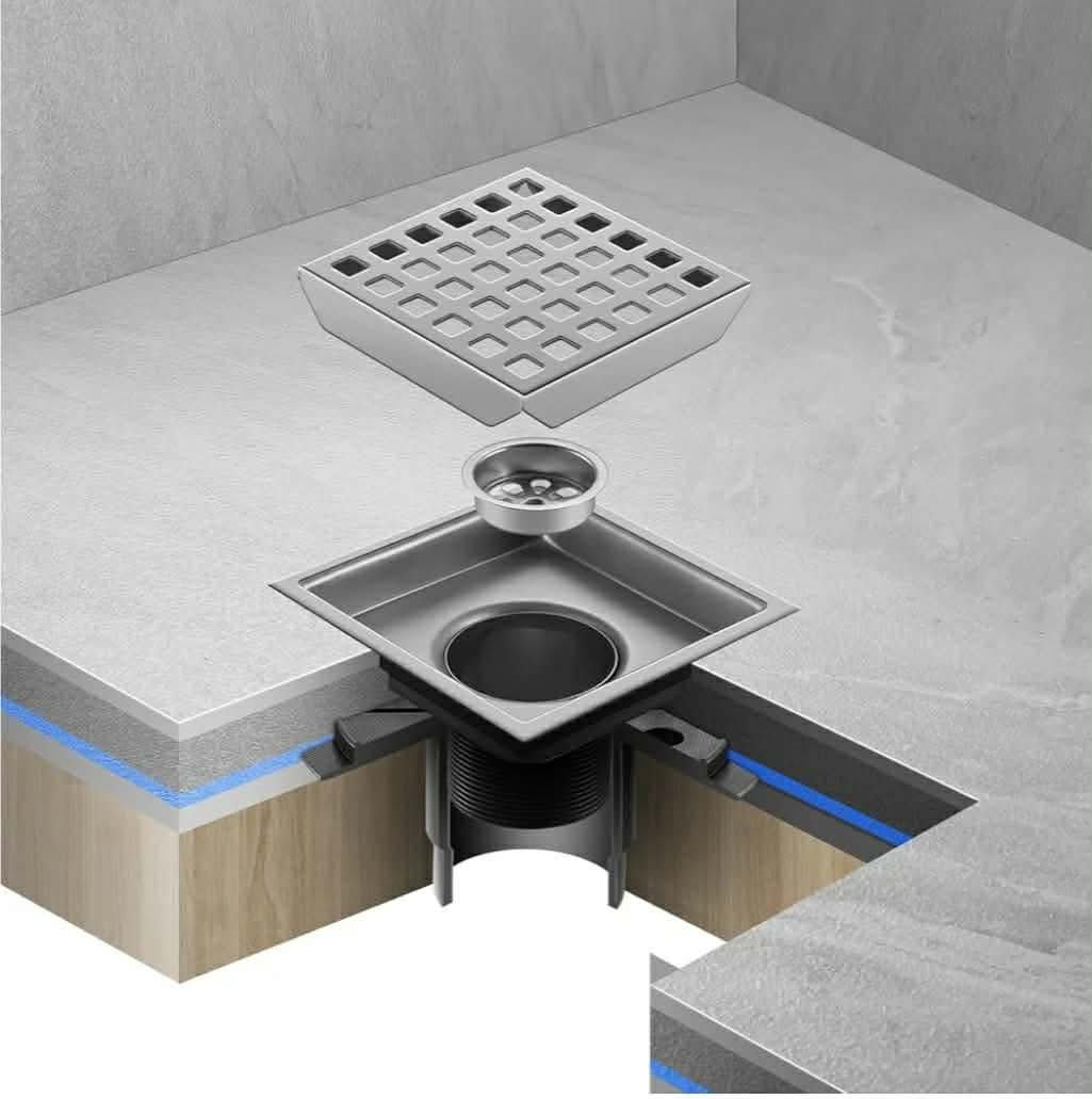 Shower Drain, Chrome 4 inch Square Shower Floor Drain with Flange, Silver Removeable Grid Panel SUS 304 Stainless Steel - Image 5