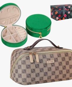 Makeup Bag & Jewelry Case Set, Large Travel Cosmetic Bags Waterproof Portable Pouch Open Flat Toiletry Bag Make up Organizer