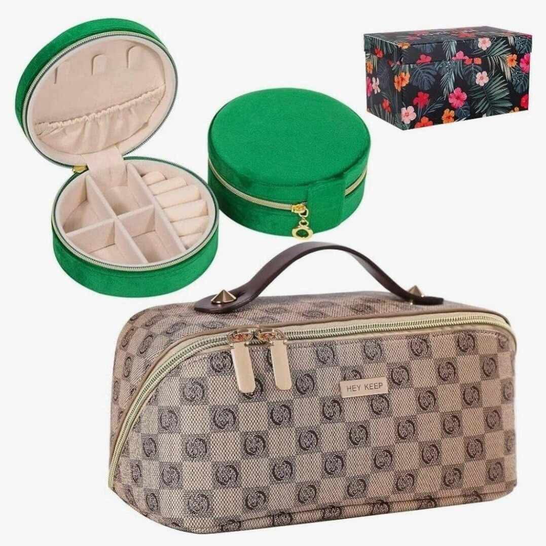 Makeup Bag & Jewelry Case Set, Large Travel Cosmetic Bags Waterproof Portable Pouch Open Flat Toiletry Bag Make up Organizer