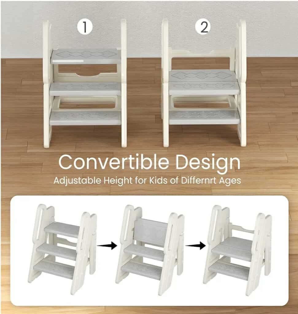 Foldable Step Stool for Kids Adjustable 3 to 2 Stool for Bathroom Sink Toddler Toilet Potty Training Stool Baby Kitchen Stool Children Step Ladder with Non-Slip Pads, Grey - Image 5