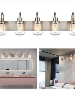 Modern Bathroom Vanity Light 5-Lights Lamp in Satin Nickel,Farmhouse Wall Light Fixture with Clear Glass Shades