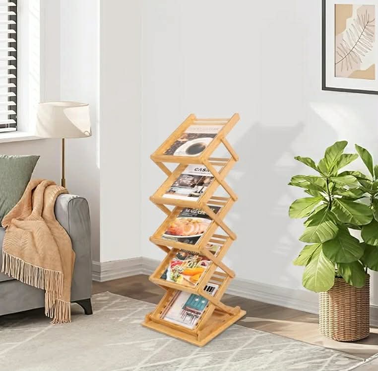 Foldable Bamboo Magazine Rack Floor, Portable Pop-up Display Stand, Magazine Rack 5 Pockets - Image 9