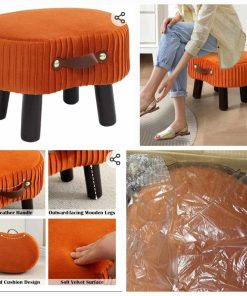 Alternative view of Small Footstool with Handle, Velvet Ottoman Foot Rest with Padded Seat, Curved Foot Stool with Wooden Legs