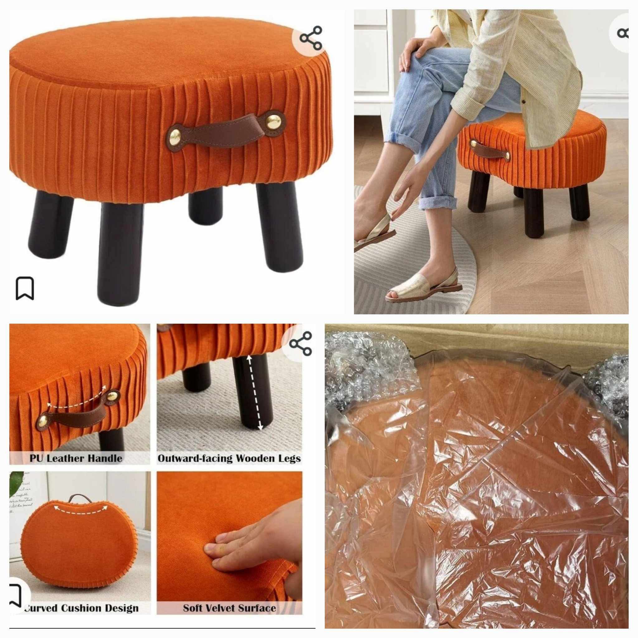 Small Footstool with Handle, Velvet Ottoman Foot Rest with Padded Seat, Curved Foot Stool with Wooden Legs - Image 2